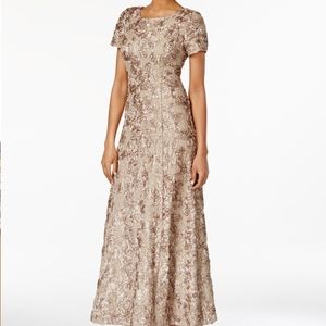 NWT Alex Evenings Champagne Rosette Sequin Gown